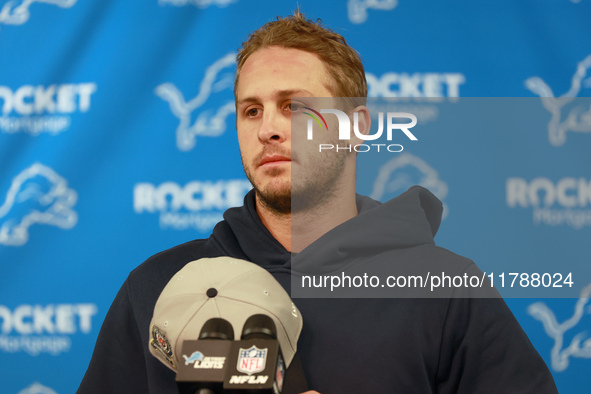 DETROIT,MICHIGAN-NOVEMBER17:  Detroit Lions quarterback Jared Goff answers questions during a post game interview after a game between the D...