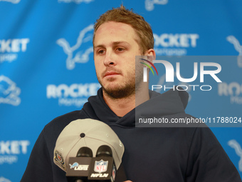 DETROIT,MICHIGAN-NOVEMBER17:  Detroit Lions quarterback Jared Goff answers questions during a post game interview after a game between the D...