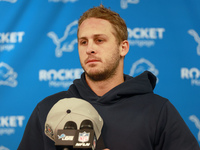 DETROIT,MICHIGAN-NOVEMBER17:  Detroit Lions quarterback Jared Goff answers questions during a post game interview after a game between the D...