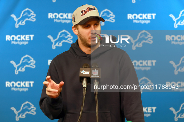 DETROIT,MICHIGAN-NOVEMBER17:  Detroit Lions quarterback Jared Goff answers questions during a post game interview after a game between the D...