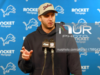 DETROIT,MICHIGAN-NOVEMBER17:  Detroit Lions quarterback Jared Goff answers questions during a post game interview after a game between the D...