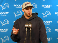 DETROIT,MICHIGAN-NOVEMBER17:  Detroit Lions quarterback Jared Goff answers questions during a post game interview after a game between the D...