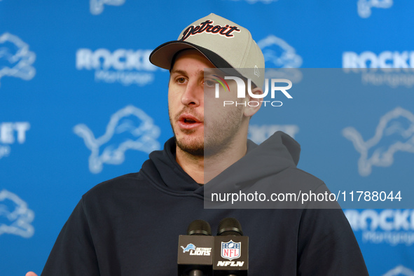 DETROIT,MICHIGAN-NOVEMBER17:  Detroit Lions quarterback Jared Goff responds to questions during a post game interview after a game between t...