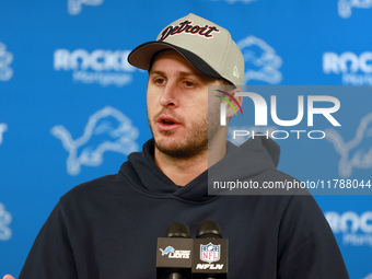 DETROIT,MICHIGAN-NOVEMBER17:  Detroit Lions quarterback Jared Goff responds to questions during a post game interview after a game between t...