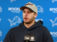 DETROIT,MICHIGAN-NOVEMBER17:  Detroit Lions quarterback Jared Goff responds to questions during a post game interview after a game between t...