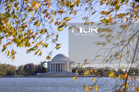 Exterior view of Thomas Jefferson Memorial in Washington DC across the Tidal Basin. The Jefferson Memorial is a national memorial in Washing...