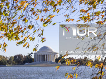 Exterior view of Thomas Jefferson Memorial in Washington DC across the Tidal Basin. The Jefferson Memorial is a national memorial in Washing...