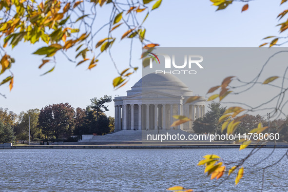 Exterior view of Thomas Jefferson Memorial in Washington DC across the Tidal Basin. The Jefferson Memorial is a national memorial in Washing...