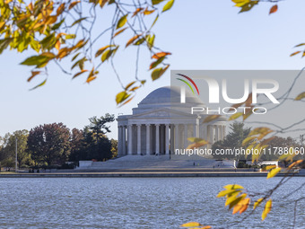 Exterior view of Thomas Jefferson Memorial in Washington DC across the Tidal Basin. The Jefferson Memorial is a national memorial in Washing...