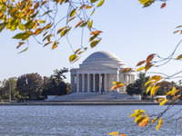 Exterior view of Thomas Jefferson Memorial in Washington DC across the Tidal Basin. The Jefferson Memorial is a national memorial in Washing...