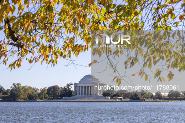 Exterior view of Thomas Jefferson Memorial in Washington DC across the Tidal Basin. The Jefferson Memorial is a national memorial in Washing...