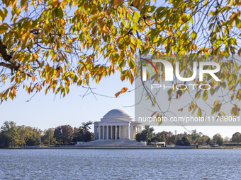 Exterior view of Thomas Jefferson Memorial in Washington DC across the Tidal Basin. The Jefferson Memorial is a national memorial in Washing...