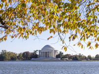 Exterior view of Thomas Jefferson Memorial in Washington DC across the Tidal Basin. The Jefferson Memorial is a national memorial in Washing...