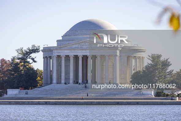 Exterior view of Thomas Jefferson Memorial in Washington DC across the Tidal Basin. The Jefferson Memorial is a national memorial in Washing...