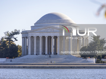 Exterior view of Thomas Jefferson Memorial in Washington DC across the Tidal Basin. The Jefferson Memorial is a national memorial in Washing...