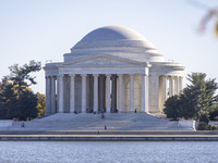 Exterior view of Thomas Jefferson Memorial in Washington DC across the Tidal Basin. The Jefferson Memorial is a national memorial in Washing...