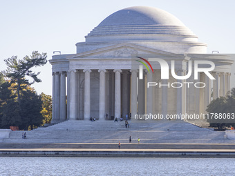 Exterior view of Thomas Jefferson Memorial in Washington DC across the Tidal Basin. The Jefferson Memorial is a national memorial in Washing...