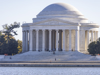 Exterior view of Thomas Jefferson Memorial in Washington DC across the Tidal Basin. The Jefferson Memorial is a national memorial in Washing...