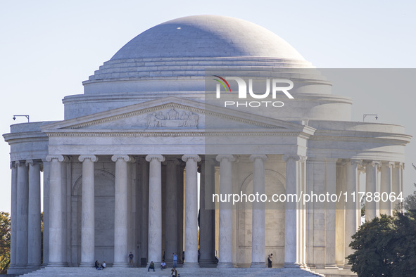 Exterior view of Thomas Jefferson Memorial in Washington DC across the Tidal Basin. The Jefferson Memorial is a national memorial in Washing...