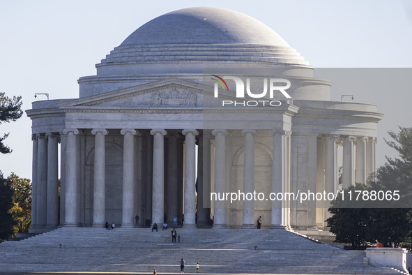 Exterior view of Thomas Jefferson Memorial in Washington DC across the Tidal Basin. The Jefferson Memorial is a national memorial in Washing...