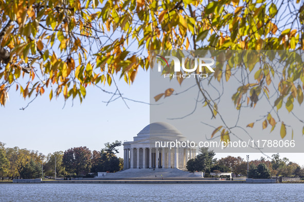 Exterior view of Thomas Jefferson Memorial in Washington DC across the Tidal Basin. The Jefferson Memorial is a national memorial in Washing...