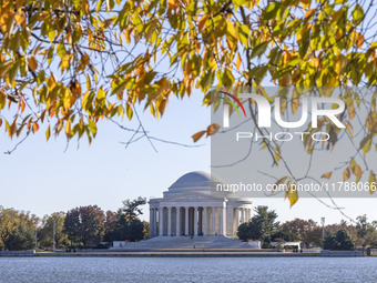 Exterior view of Thomas Jefferson Memorial in Washington DC across the Tidal Basin. The Jefferson Memorial is a national memorial in Washing...