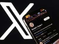 An editorial image shows an iPhone screen with Donald Trump’s personal account displayed on the X social network platform. The X logo appear...