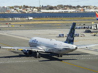 JetBlue Airbus A320-200 passenger aircraft spotted taxiing in LaGuardia airport LGA in New York City. The A320 airplane has the registration...