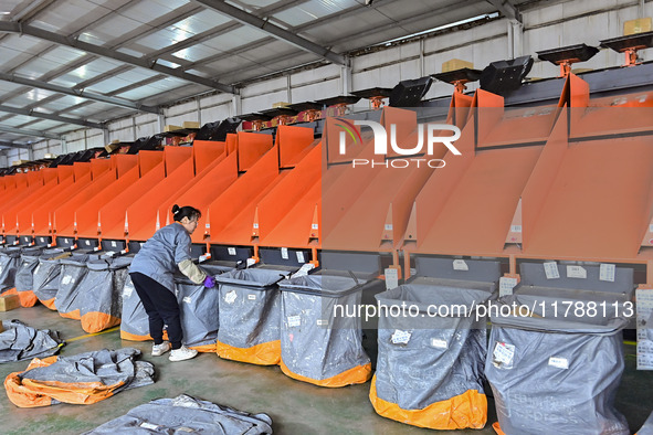 Workers sort parcels at an express logistics company in Qingzhou, China, on November 11, 2024. Monitoring data from the State Post Bureau sh...