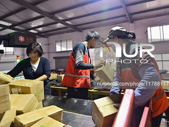 Workers sort parcels at an express logistics company in Qingzhou, China, on November 11, 2024. Monitoring data from the State Post Bureau sh...