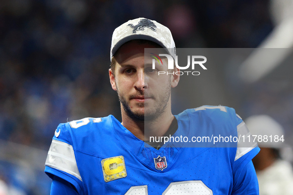 DETROIT,MICHIGAN-November 17: Detroit Lions quarterback Jared Goff (16) looks on from the sideline during the second half of an NFL football...