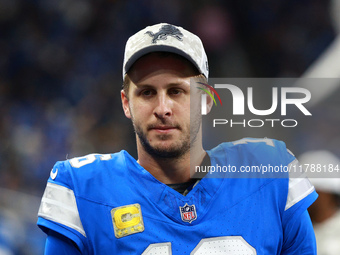 DETROIT,MICHIGAN-November 17: Detroit Lions quarterback Jared Goff (16) looks on from the sideline during the second half of an NFL football...