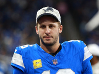 DETROIT,MICHIGAN-November 17: Detroit Lions quarterback Jared Goff (16) looks on from the sideline during the second half of an NFL football...