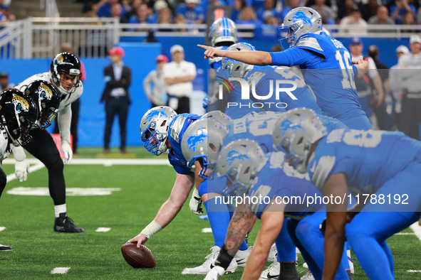 DETROIT,MICHIGAN-November 17: Detroit Lions quarterback Jared Goff (16) signlas before the snap during the second half of an NFL football ga...