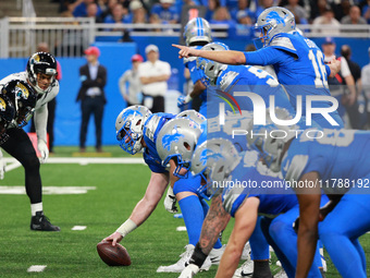 DETROIT,MICHIGAN-November 17: Detroit Lions quarterback Jared Goff (16) signlas before the snap during the second half of an NFL football ga...