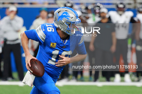 DETROIT,MICHIGAN-November 17: Detroit Lions quarterback Jared Goff (16) looks to pass during the second half of an NFL football game between...