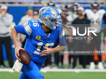 DETROIT,MICHIGAN-November 17: Detroit Lions quarterback Jared Goff (16) looks to pass during the second half of an NFL football game between...