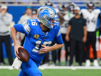 DETROIT,MICHIGAN-November 17: Detroit Lions quarterback Jared Goff (16) looks to pass during the second half of an NFL football game between...