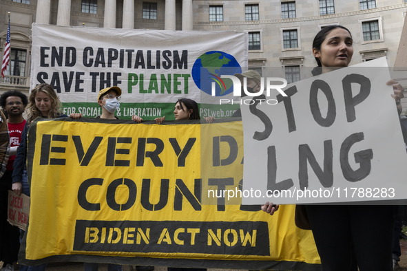 Environmental activists demonstrate outside the Federal Triangle Metro Station in Washington DC, USA, on November 17, 2024. The rally demand...