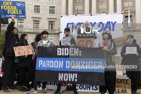 Environmental activists demonstrate outside the Federal Triangle Metro Station in Washington DC, USA, on November 17, 2024. The rally demand...