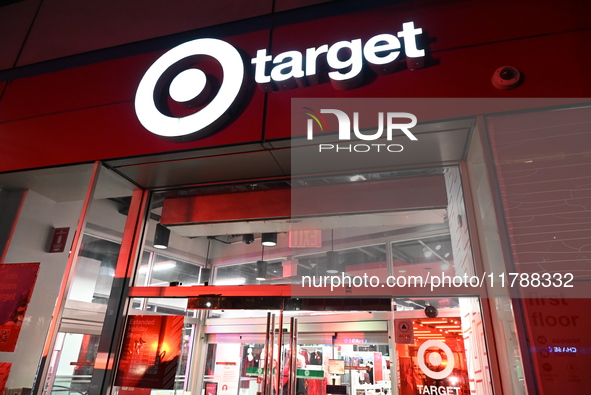 Shoplifting occurs at Target at 255 Greenwich Street in Manhattan, New York, United States, on November 17, 2024. A suspect is seen being ap...