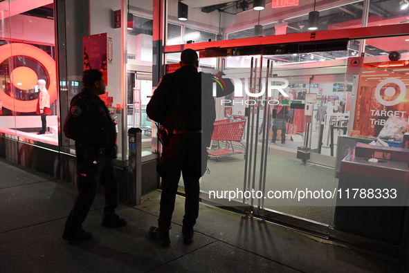 Shoplifting occurs at Target at 255 Greenwich Street in Manhattan, New York, United States, on November 17, 2024. A suspect is seen being ap...