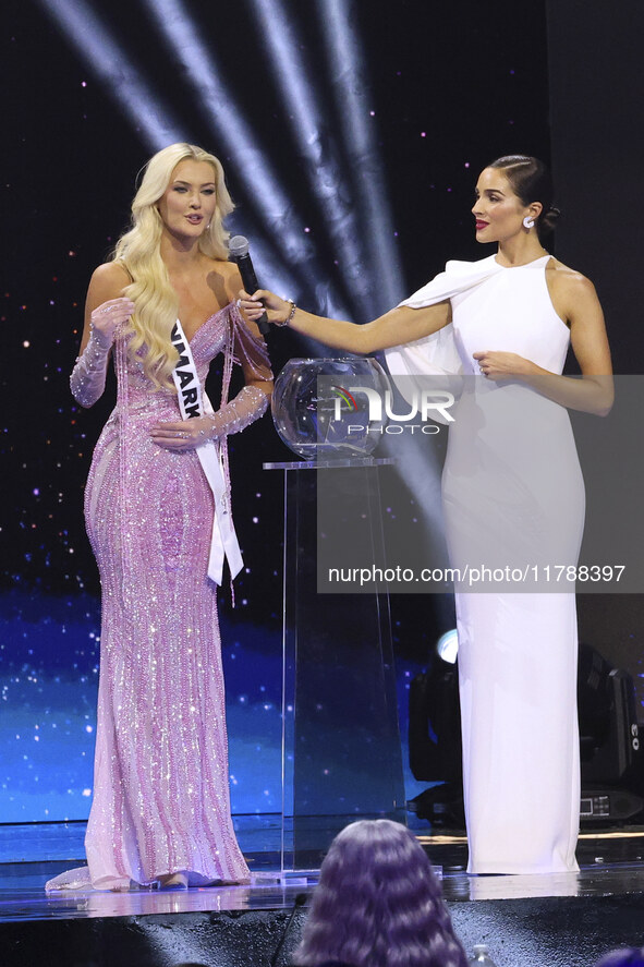 Miss Denmark Victoria Kjaer Theilvig is interviewed during her participation in the 73rd Miss Universe Pageant Competition show at Mexico Ci...