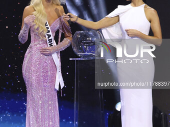 Miss Denmark Victoria Kjaer Theilvig is interviewed during her participation in the 73rd Miss Universe Pageant Competition show at Mexico Ci...