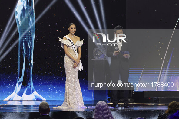 Miss Thailand Opal Suchata Chuangsr is interviewed by actor Mario Lopez during her participation in the 73rd Miss Universe Pageant Competiti...