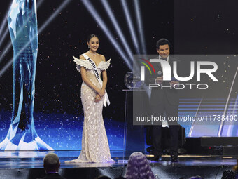 Miss Thailand Opal Suchata Chuangsr is interviewed by actor Mario Lopez during her participation in the 73rd Miss Universe Pageant Competiti...