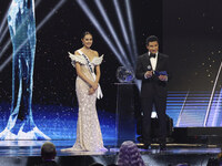 Miss Thailand Opal Suchata Chuangsr is interviewed by actor Mario Lopez during her participation in the 73rd Miss Universe Pageant Competiti...