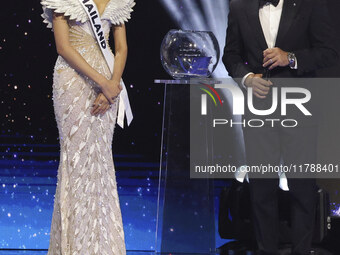 Miss Thailand Opal Suchata Chuangsr is interviewed by actor Mario Lopez during her participation in the 73rd Miss Universe Pageant Competiti...