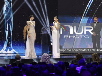 Miss Venezuela Ileana Marquez is interviewed by actor Mario Lopez during her participation in The 73rd Miss Universe Pageant Competition sho...