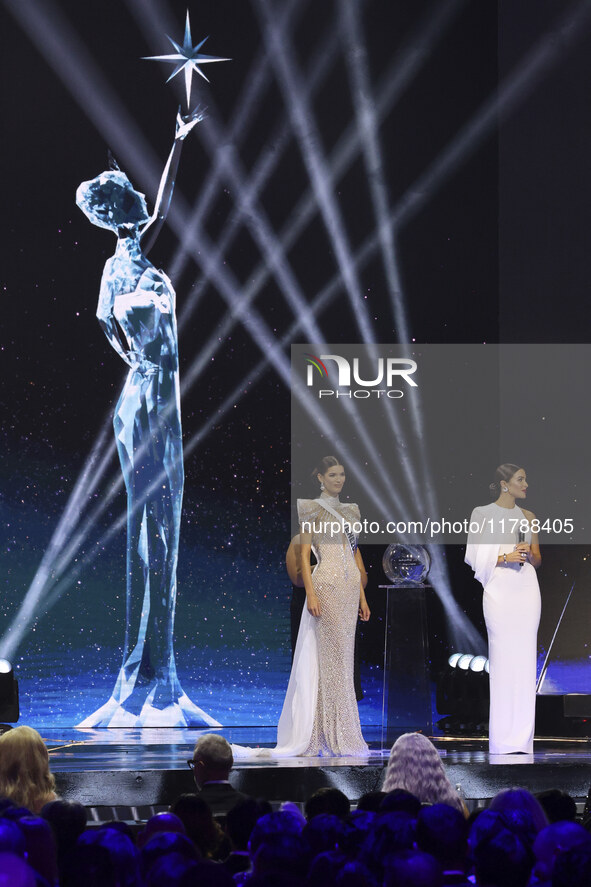 Miss Venezuela Ileana Marquez is interviewed by actor Mario Lopez during her participation in The 73rd Miss Universe Pageant Competition sho...